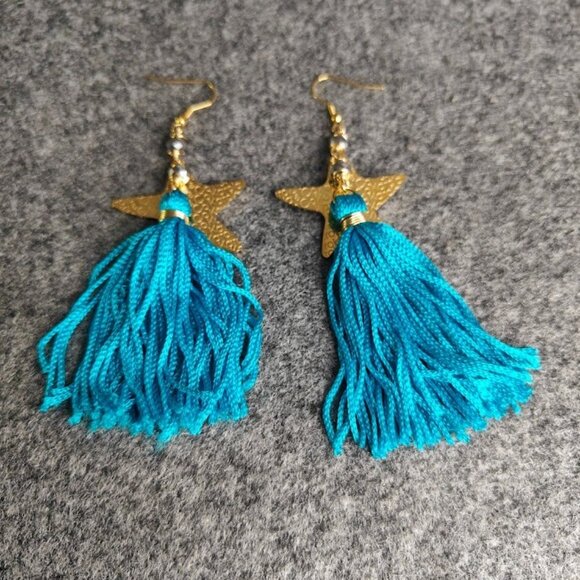 Karola & Co. Tassel Earrings Women’s Gold Star Charm Blue Fringe Boho Chic - Picture 1 of 2